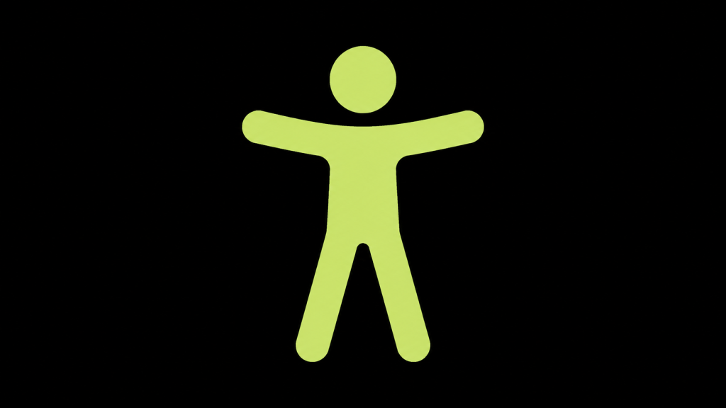 A simple accessibility icon of a person on a black background. They are a solid yellowish green colour, matching the Paige.